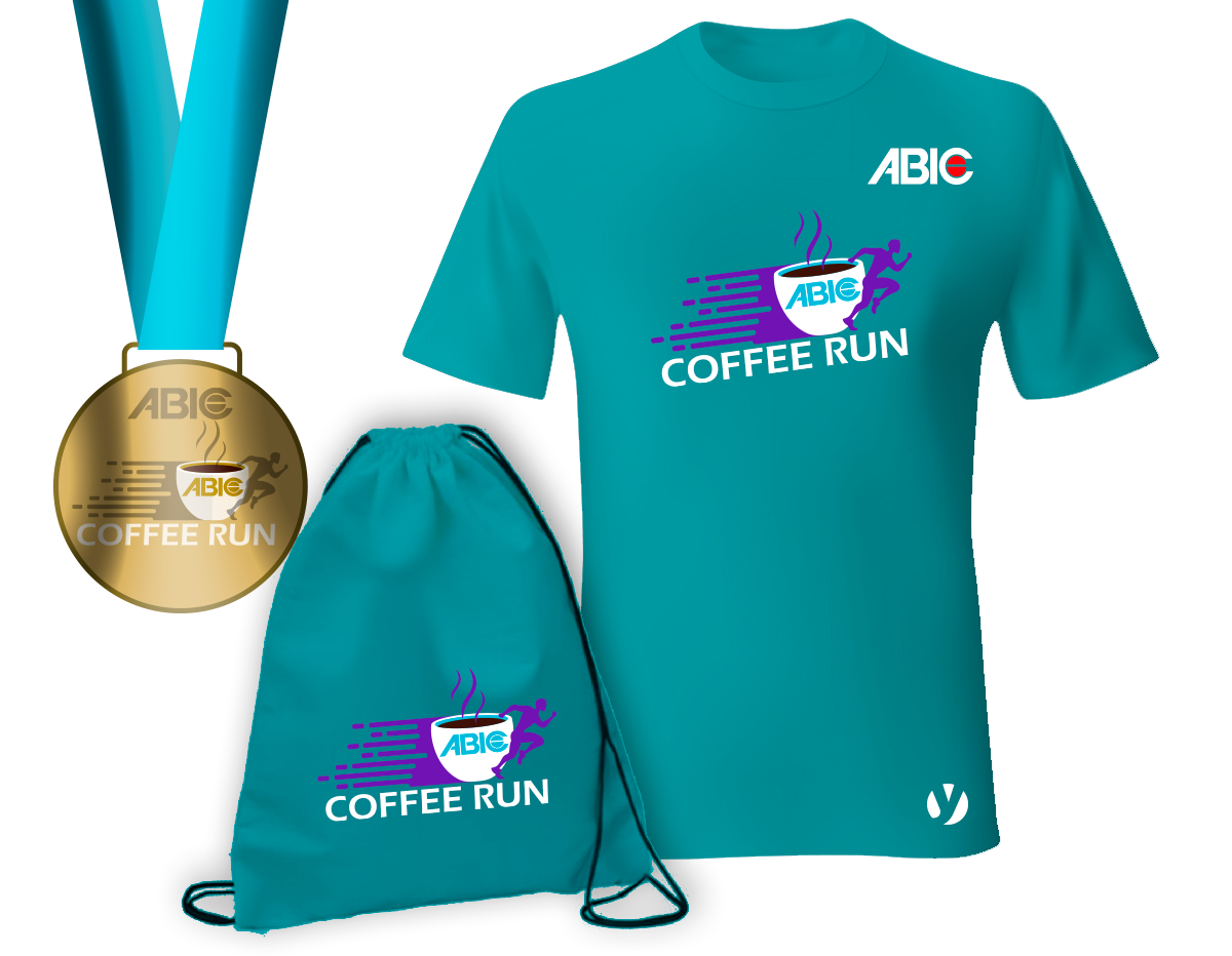Camiseta Verde Agua com o logo do evento, medalha dourada e sacochila verde agua da prova
