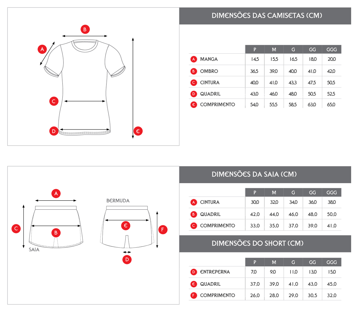 Medidas de Saia e Camiseta