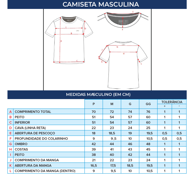 Imagem do quadro de medidas da camiseta masculina